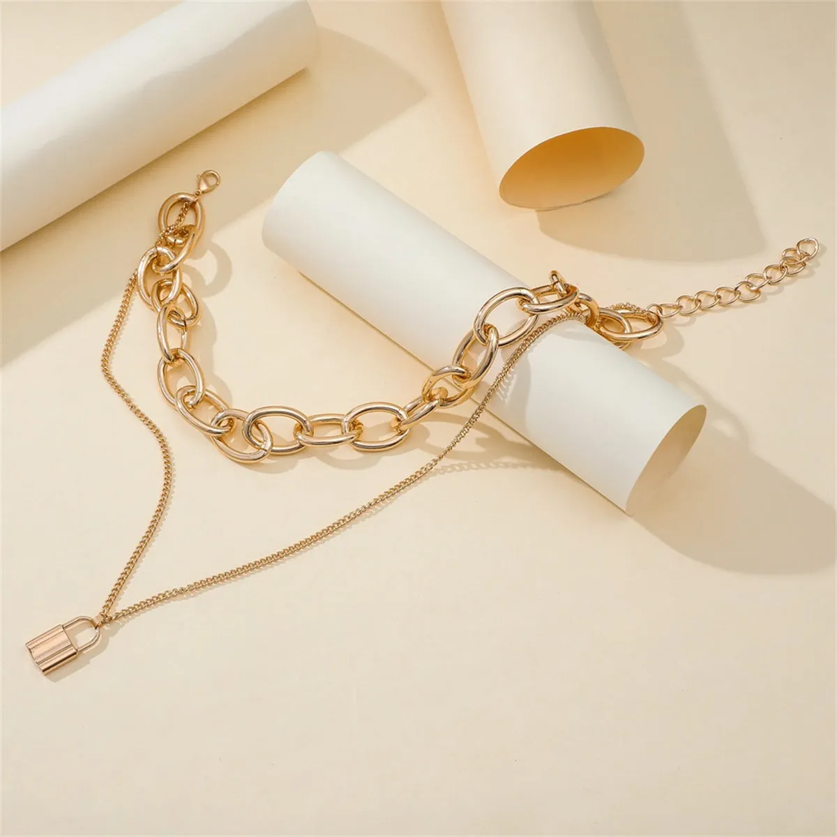 18K Gold-Plated Cable Chain Lock Pendant Layered Necklace