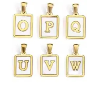 18K Gold Plated Inlaid Marble Enamel Design Stainless Steel A-Z Alphabet Rectangle Charm Necklaces
