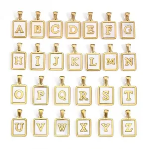 18K Gold Plated Inlaid Marble Enamel Design Stainless Steel A-Z Alphabet Rectangle Charm Necklaces
