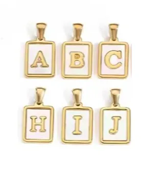 18K Gold Plated Inlaid Marble Enamel Design Stainless Steel A-Z Alphabet Rectangle Charm Necklaces