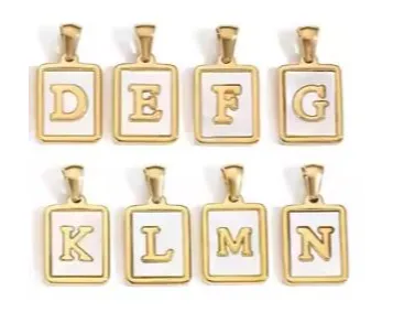 18K Gold Plated Inlaid Marble Enamel Design Stainless Steel A-Z Alphabet Rectangle Charm Necklaces
