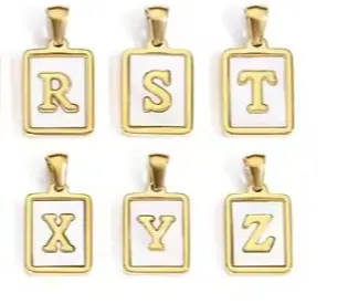 18K Gold Plated Inlaid Marble Enamel Design Stainless Steel A-Z Alphabet Rectangle Charm Necklaces