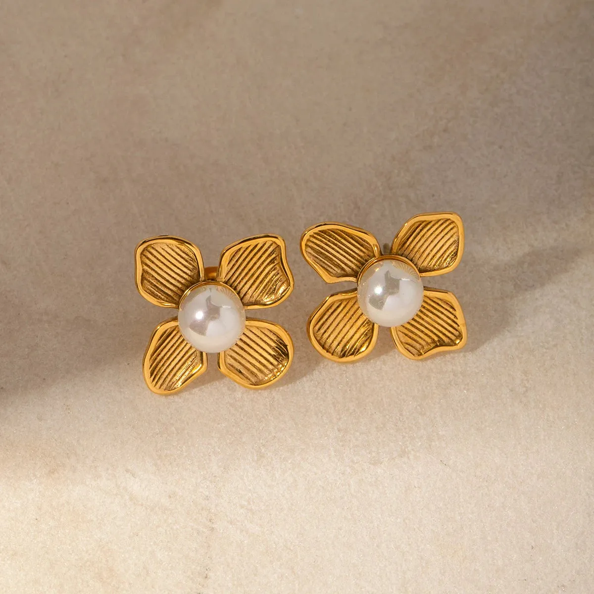 18K Gold Plated Stainless Steel Flower Earrings with Shell Beads