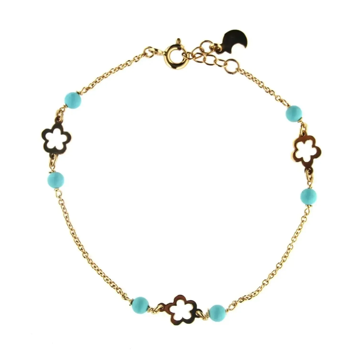 18K Solid Yellow Gold Turquoise paste Beads and open  Flowers bracelet  6.5  inches