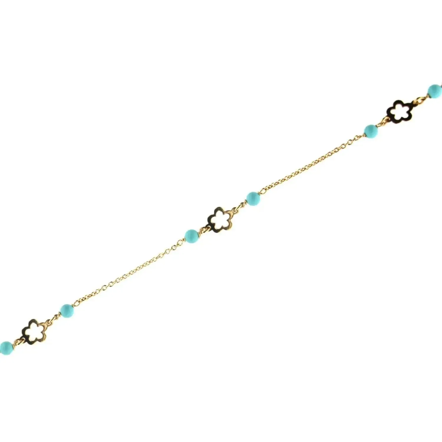 18K Solid Yellow Gold Turquoise paste Beads and open  Flowers bracelet  6.5  inches
