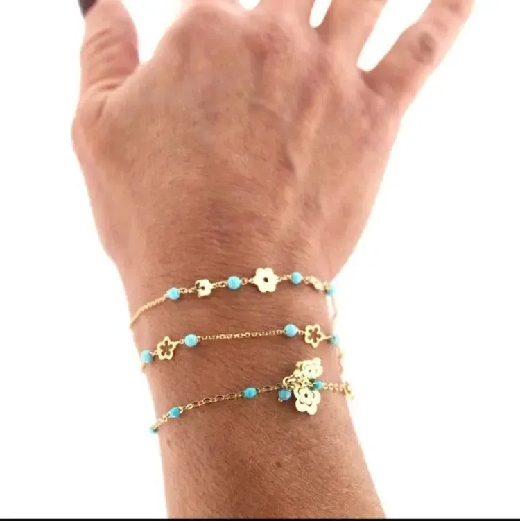 18K Solid Yellow Gold Turquoise paste Beads and open  Flowers bracelet  6.5  inches