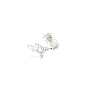 18K White Gold Pear   Emerald Diamond Open Cuff Ring