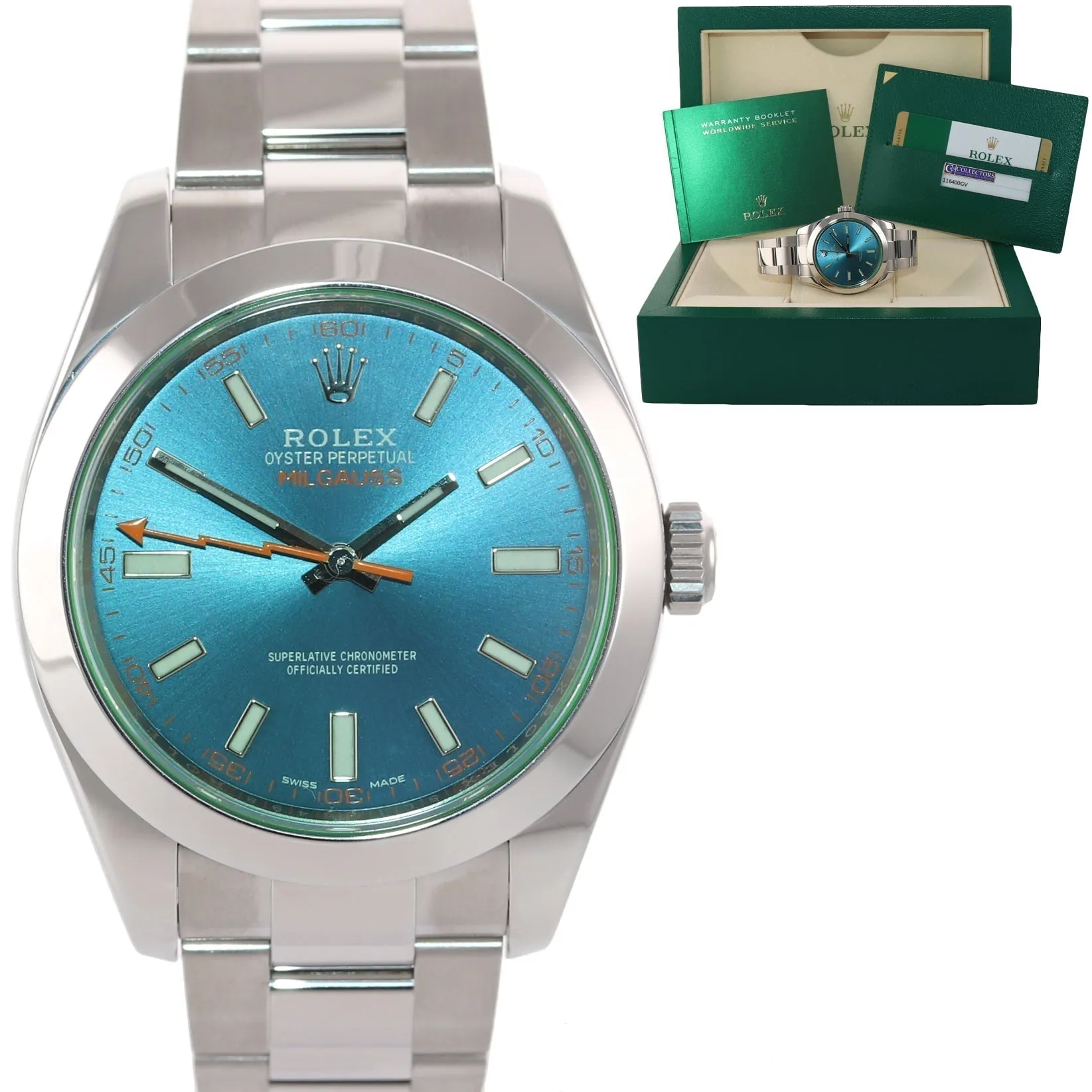 2018 PAPERS Rolex Milgauss Blue Dial Anniversary Green 116400GV Steel Watch Box