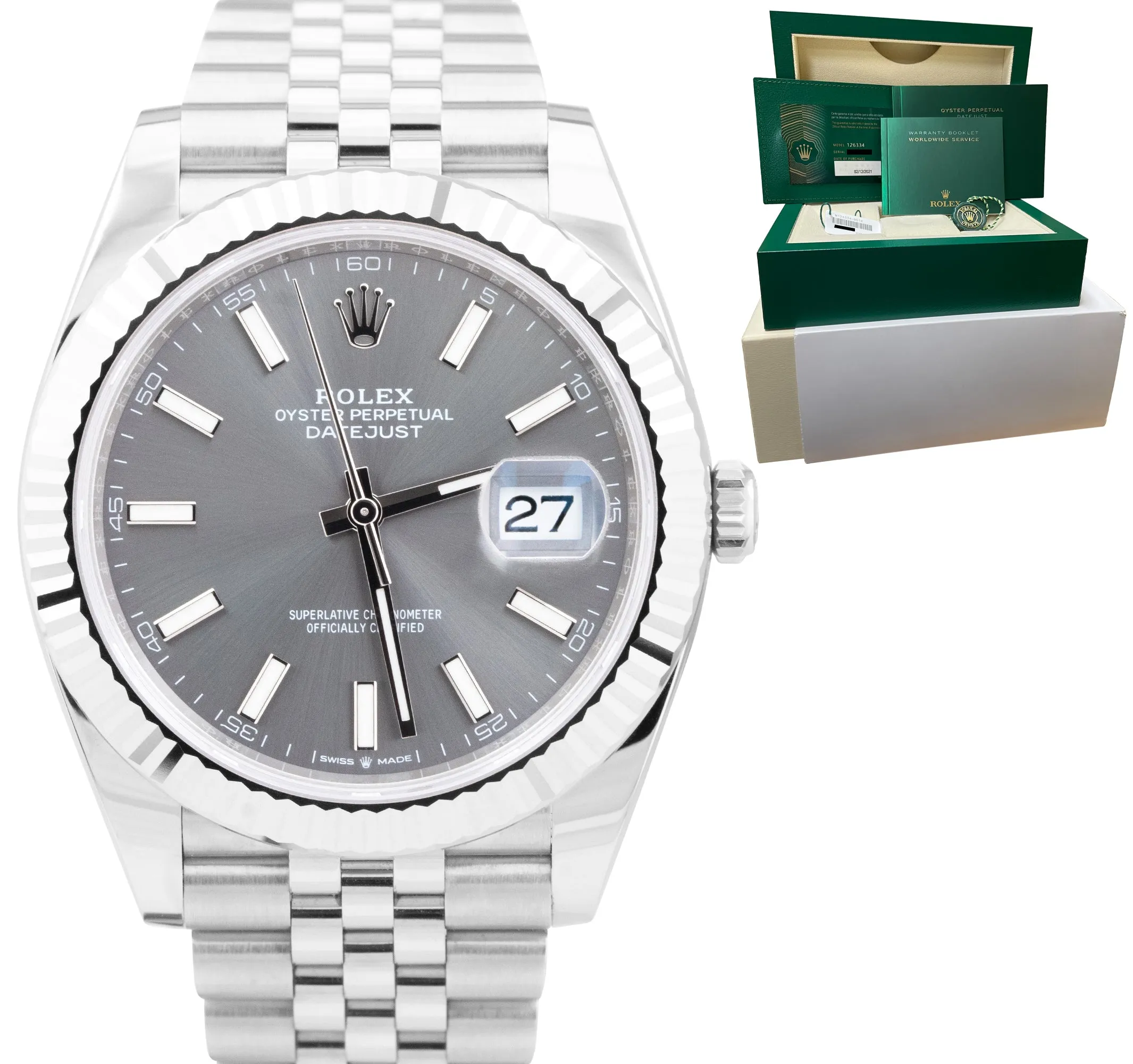 2021 Rolex DateJust 41 Rhodium Slate Fluted Stainless Jubilee Watch 126334 B P