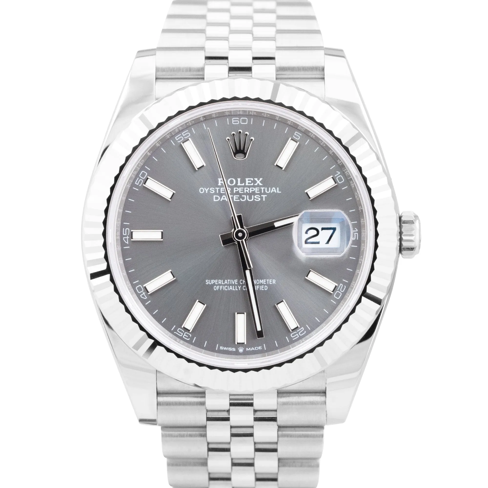 2021 Rolex DateJust 41 Rhodium Slate Fluted Stainless Jubilee Watch 126334 B P