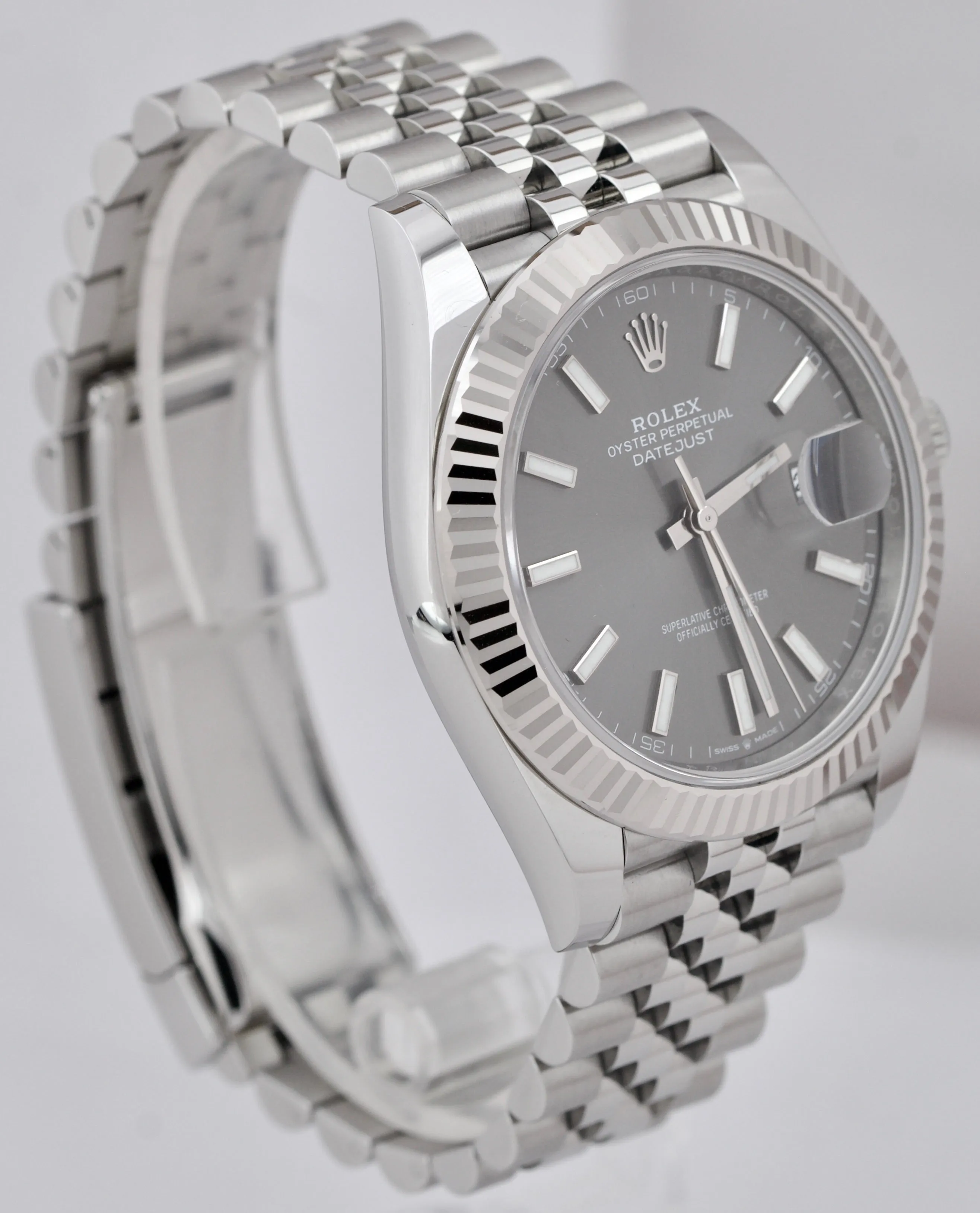 2021 Rolex DateJust 41 Rhodium Slate Fluted Stainless Jubilee Watch 126334 B P