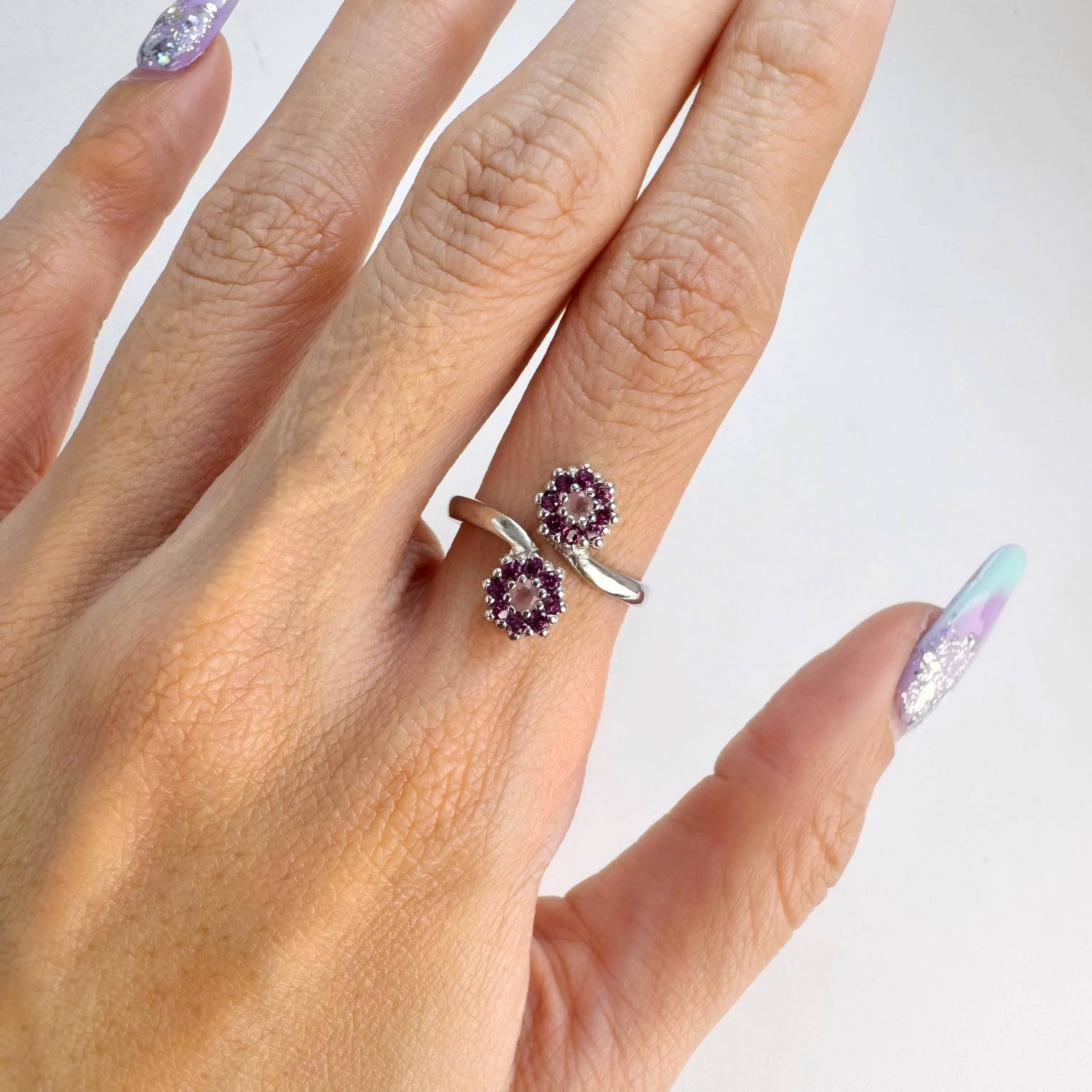 2.5 mm. Round Cut Pink African Rose Quartz and Rhodolite Garnet Open Ring