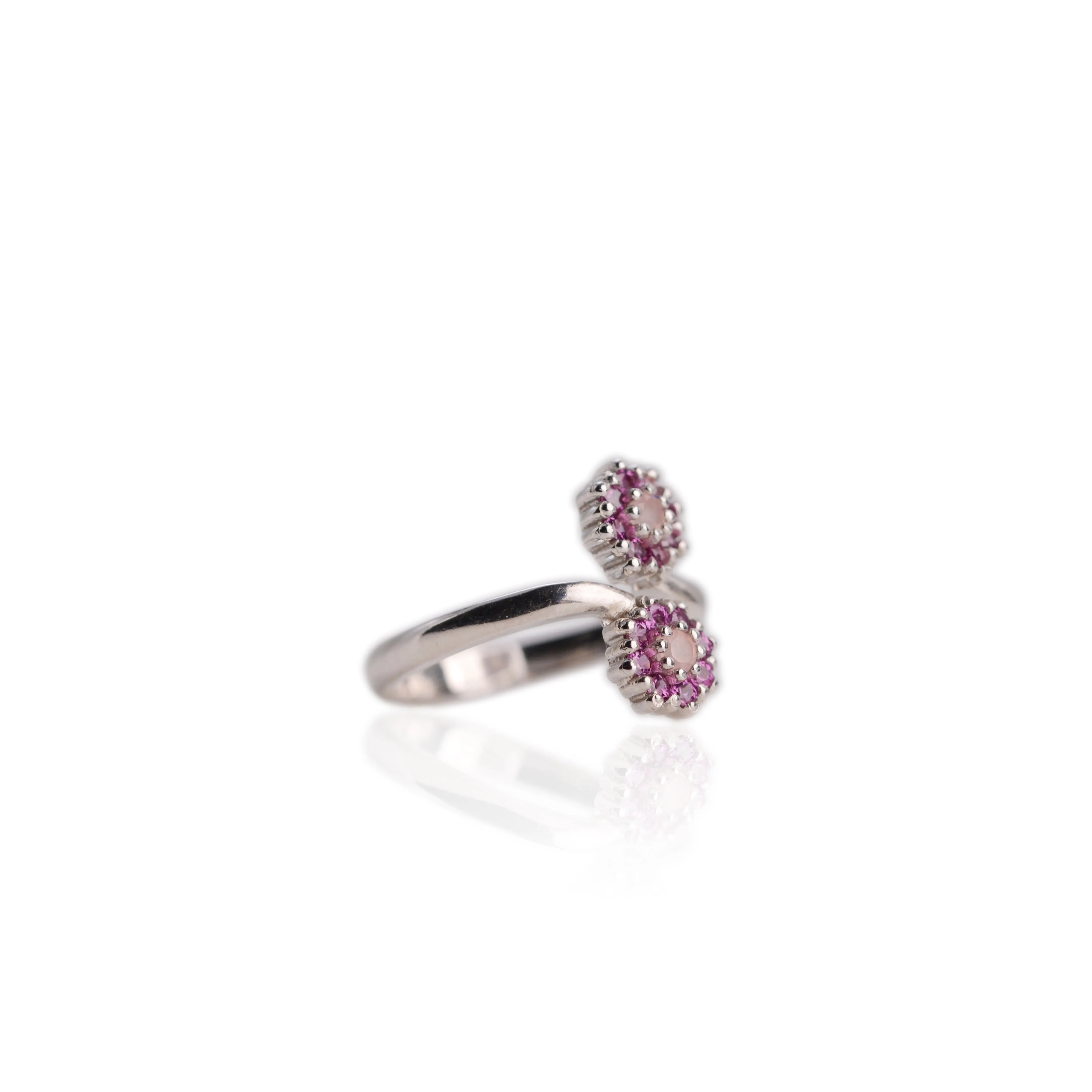 2.5 mm. Round Cut Pink African Rose Quartz and Rhodolite Garnet Open Ring