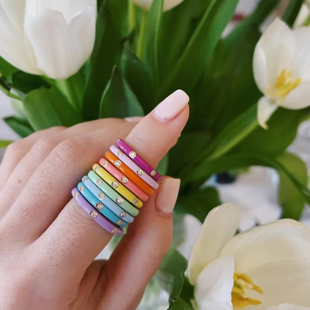 3 Diamond Coral Enamel Stack Ring