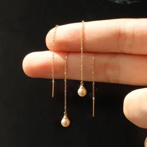 4mm Freshwater Cultured Pearl Threader Earrings, Solid 14K Gold