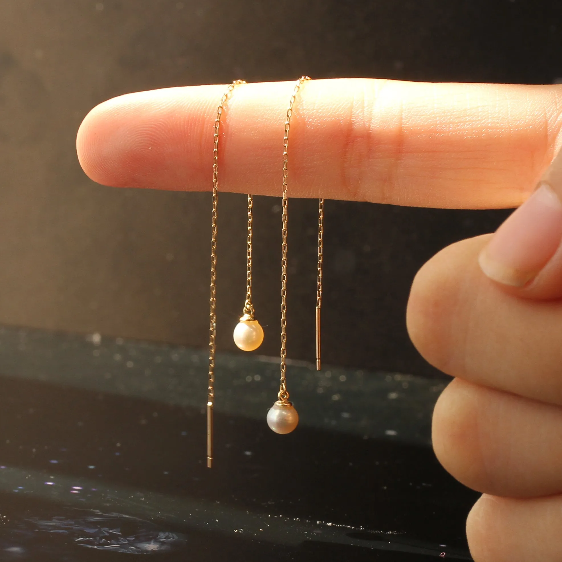 4mm Freshwater Cultured Pearl Threader Earrings, Solid 14K Gold