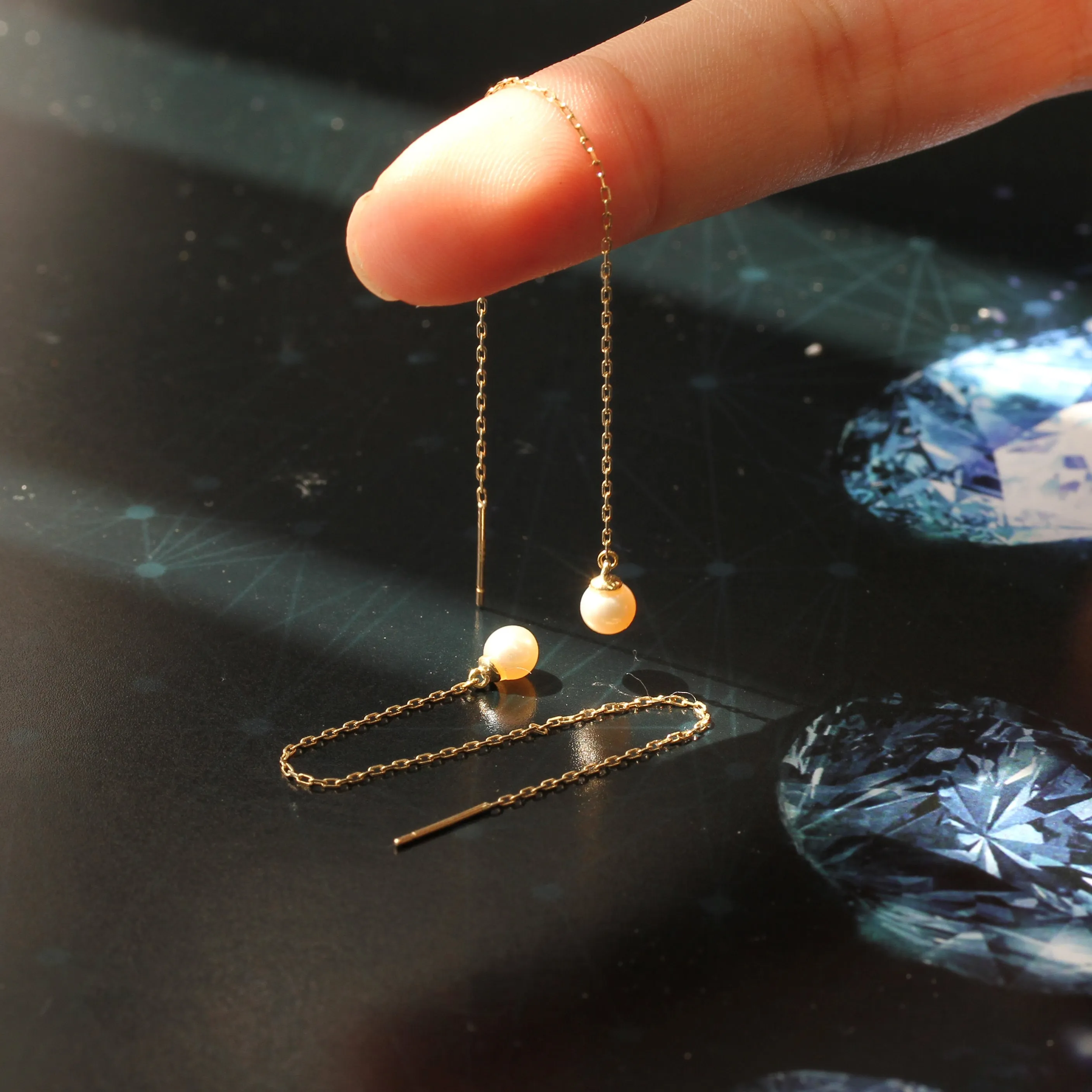 4mm Freshwater Cultured Pearl Threader Earrings, Solid 14K Gold