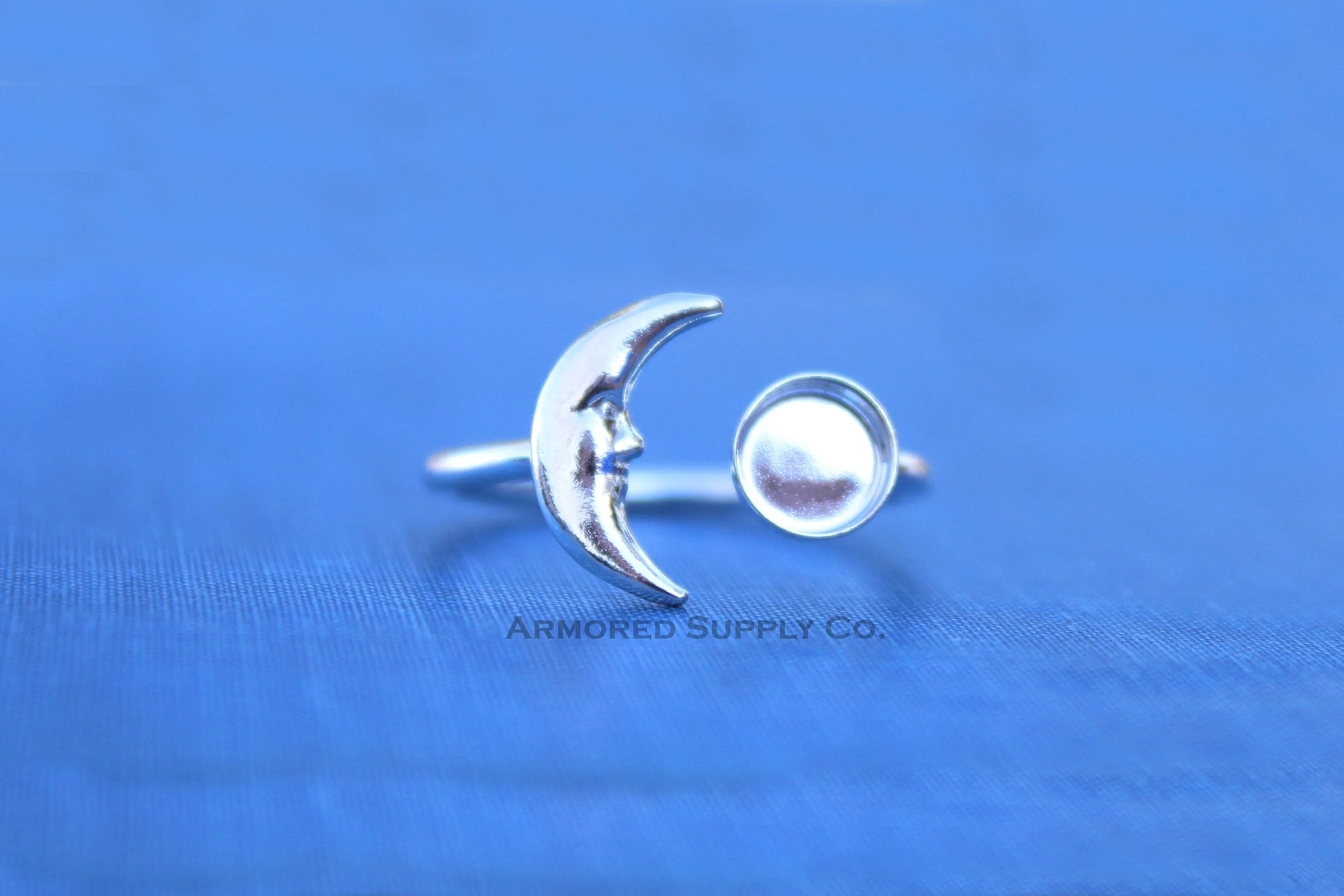 5mm Silver Crescent Moon Open Adjustable Bezel Ring blank