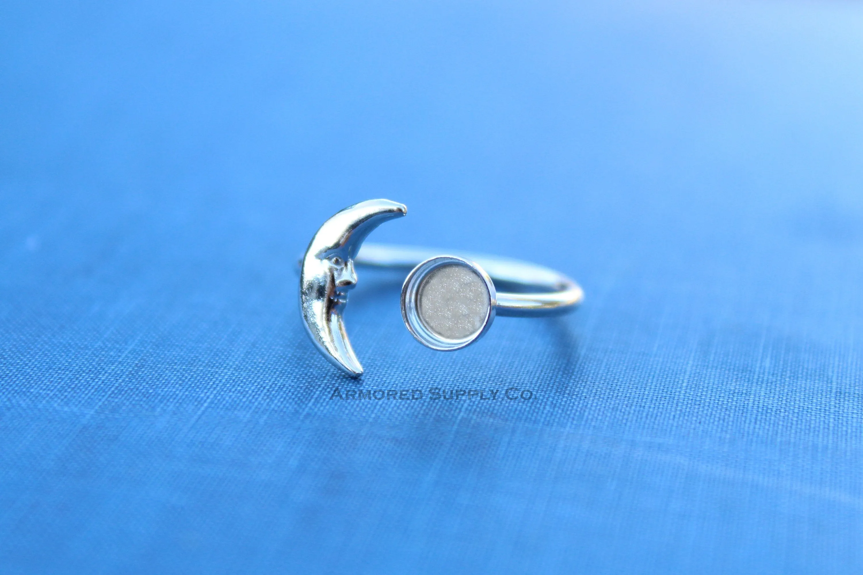 5mm Silver Crescent Moon Open Adjustable Bezel Ring blank