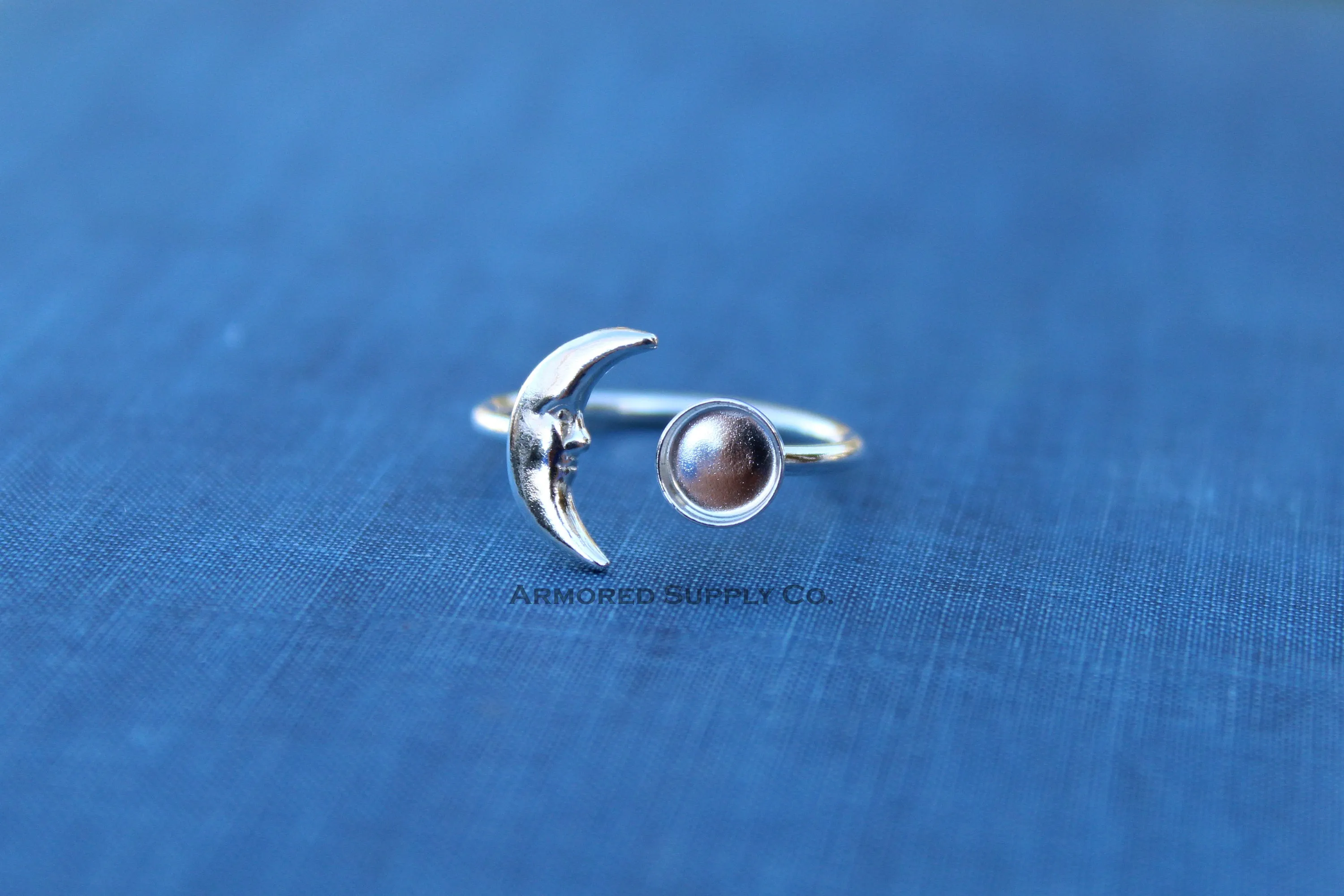 5mm Silver Crescent Moon Open Adjustable Bezel Ring blank
