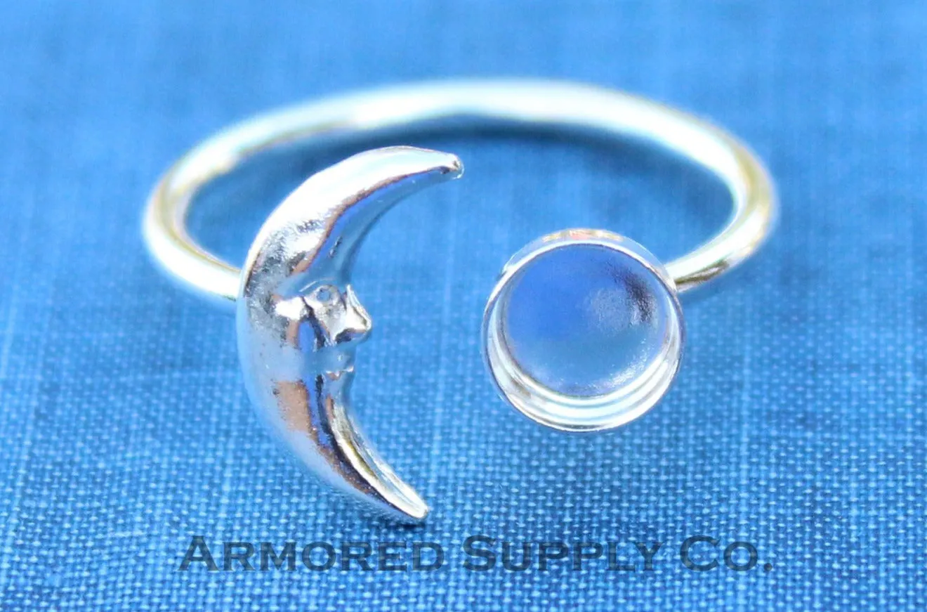 5mm Silver Crescent Moon Open Adjustable Bezel Ring blank