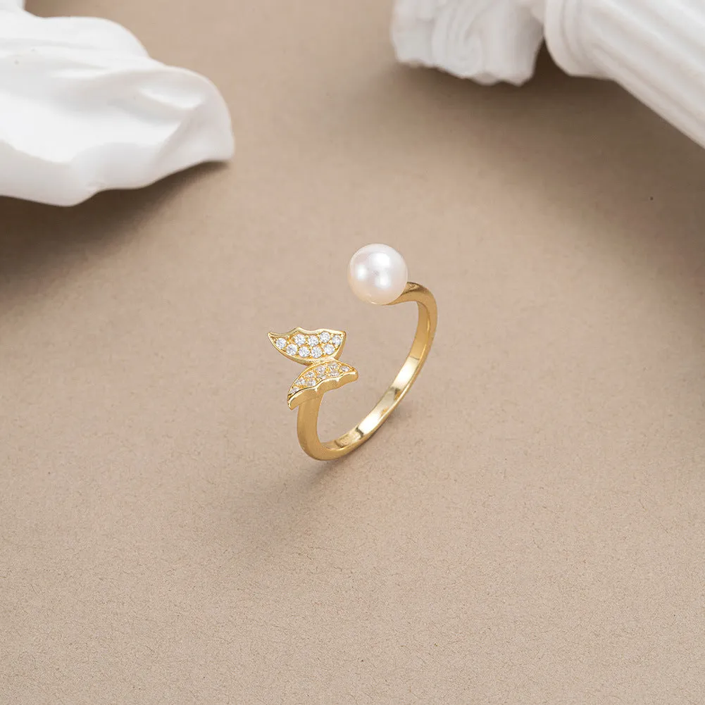 925 Silver Butterfly Pearl Open Ring