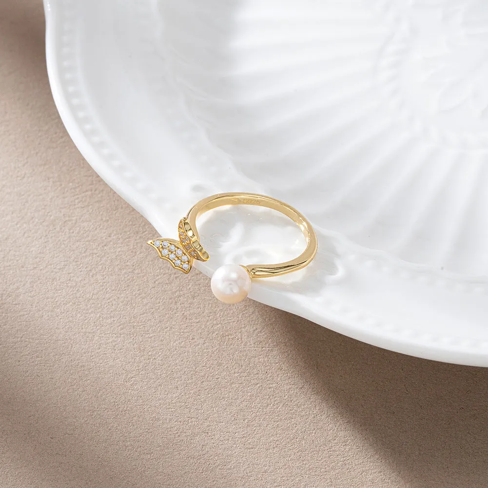 925 Silver Butterfly Pearl Open Ring