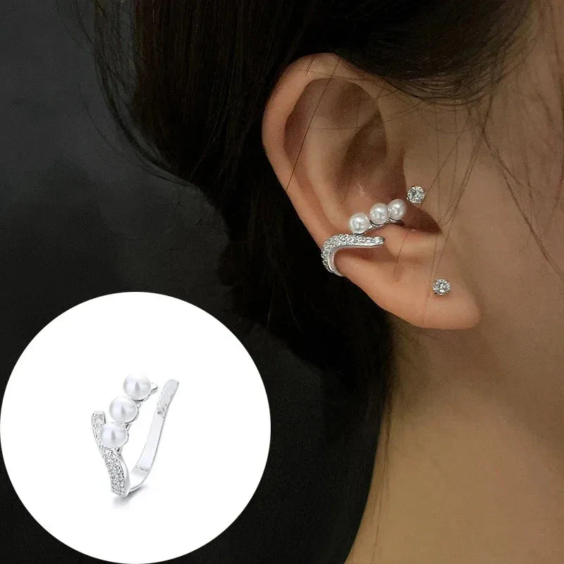 925 Stamp Silver Zirconia Pearl Clip On Earrings for Women Geometric Ear Cuff Girl Jewelry