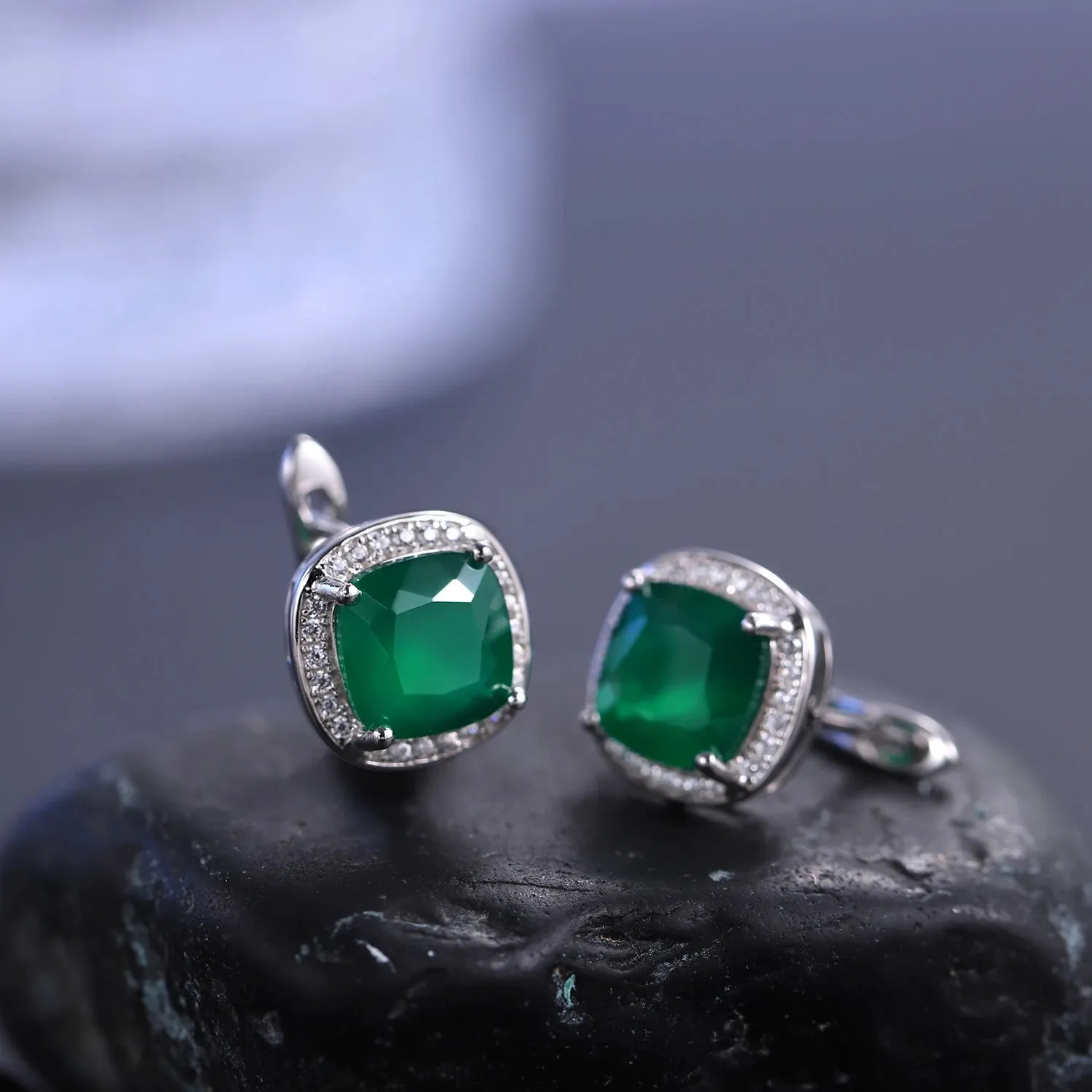 925 Sterling Silver Green Agate Jewelry Set – Stud Earrings, Ring & Pendant