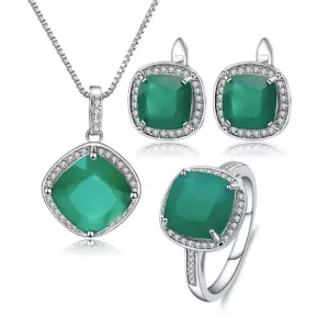 925 Sterling Silver Green Agate Jewelry Set – Stud Earrings, Ring & Pendant