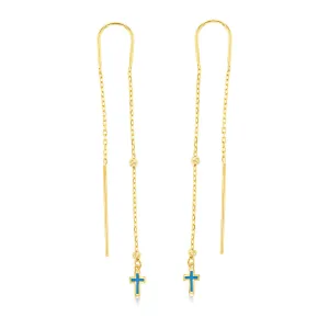 9ct Yellow Gold Blue Enamel Cross On Threader Earrings