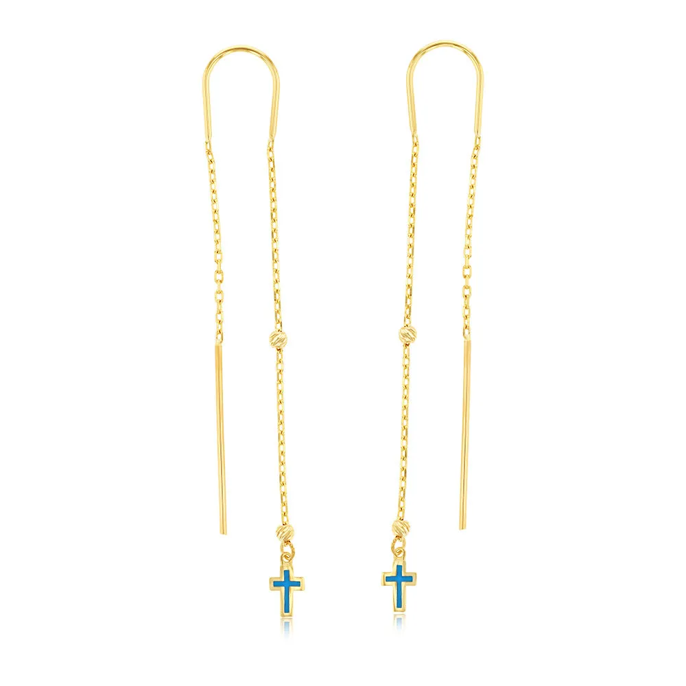 9ct Yellow Gold Blue Enamel Cross On Threader Earrings