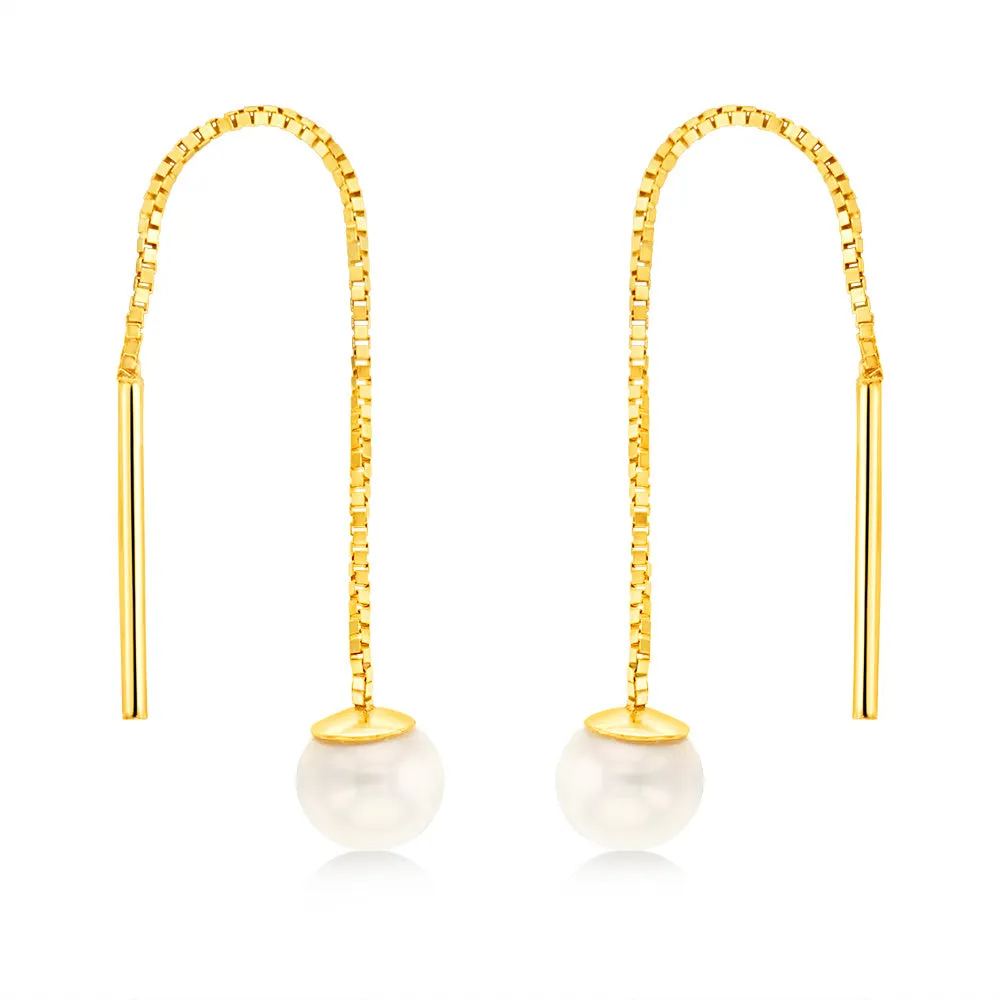 9ct Yellow Gold Fresh Water Pearl Box Chain Threader Earrings