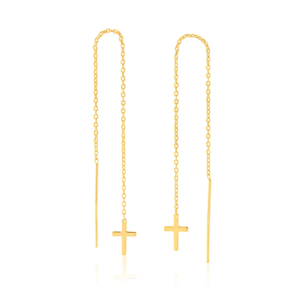 9ct Yellow Gold Silver-Filled Cross Threader Earrings