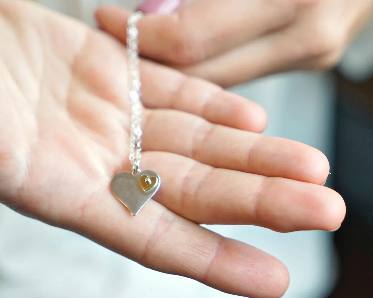 adrianna silver & bronze heart necklace • mother & daughter, long distance