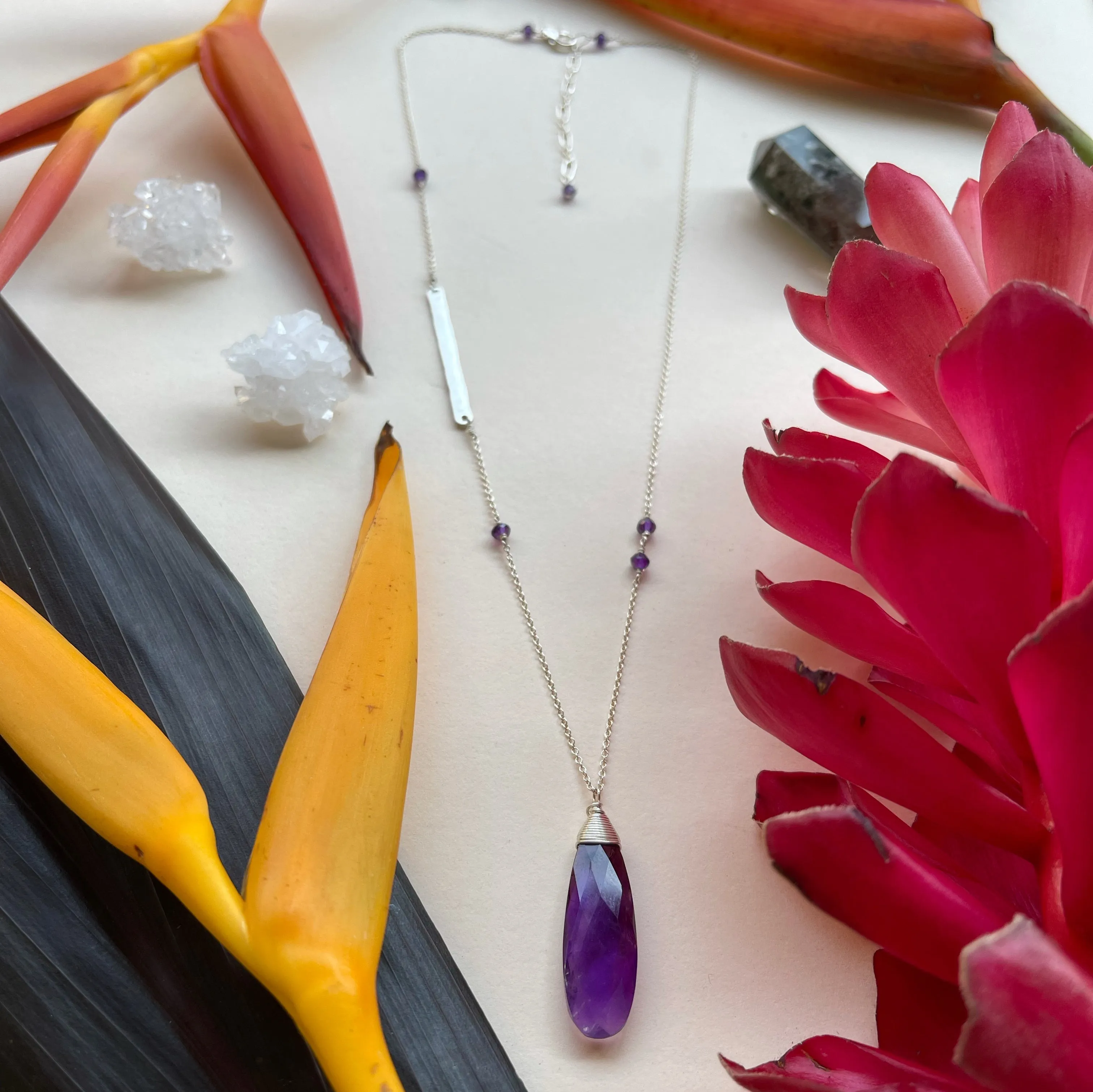 Amethyst Teardrop Bar Necklace