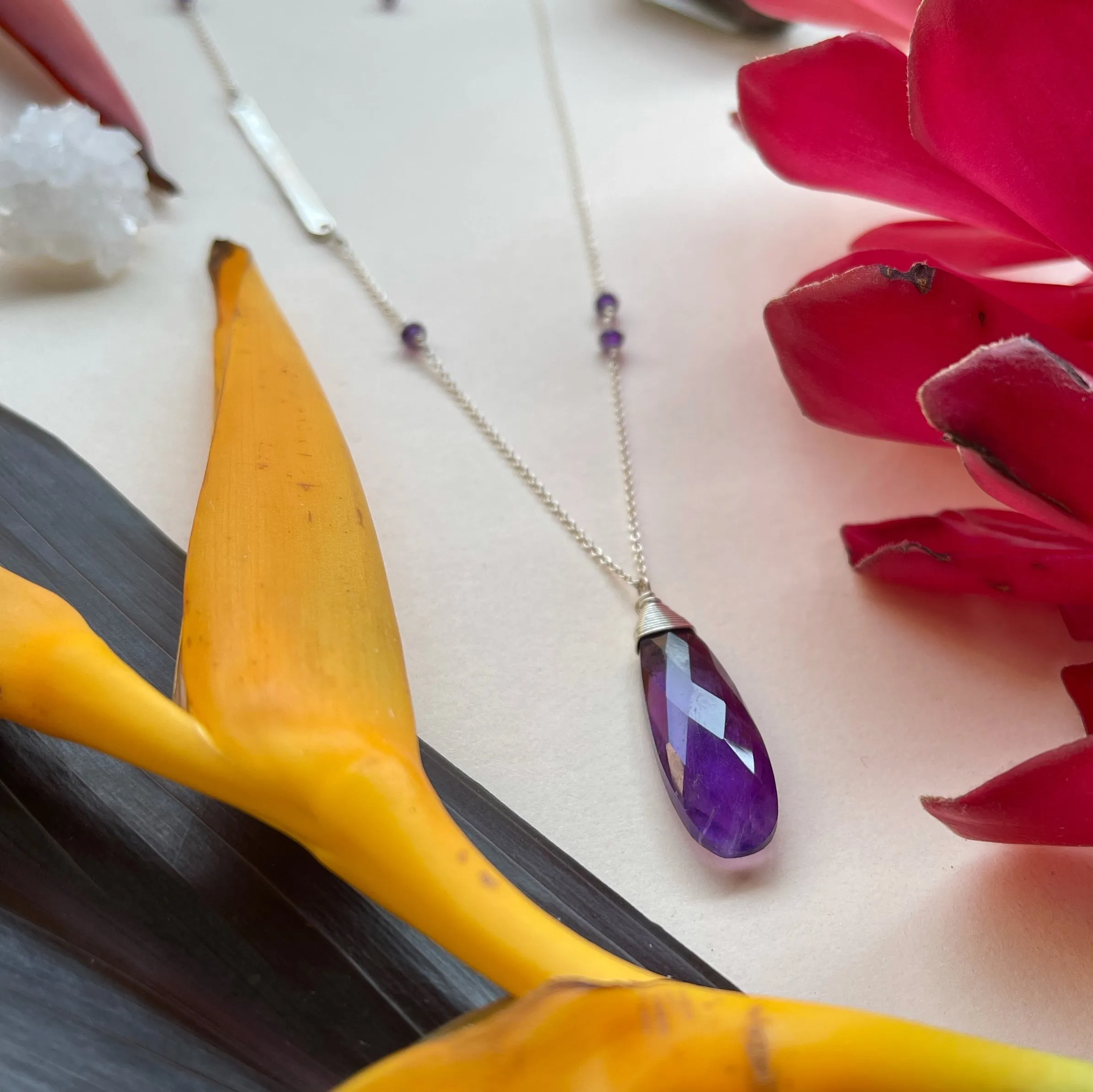 Amethyst Teardrop Bar Necklace