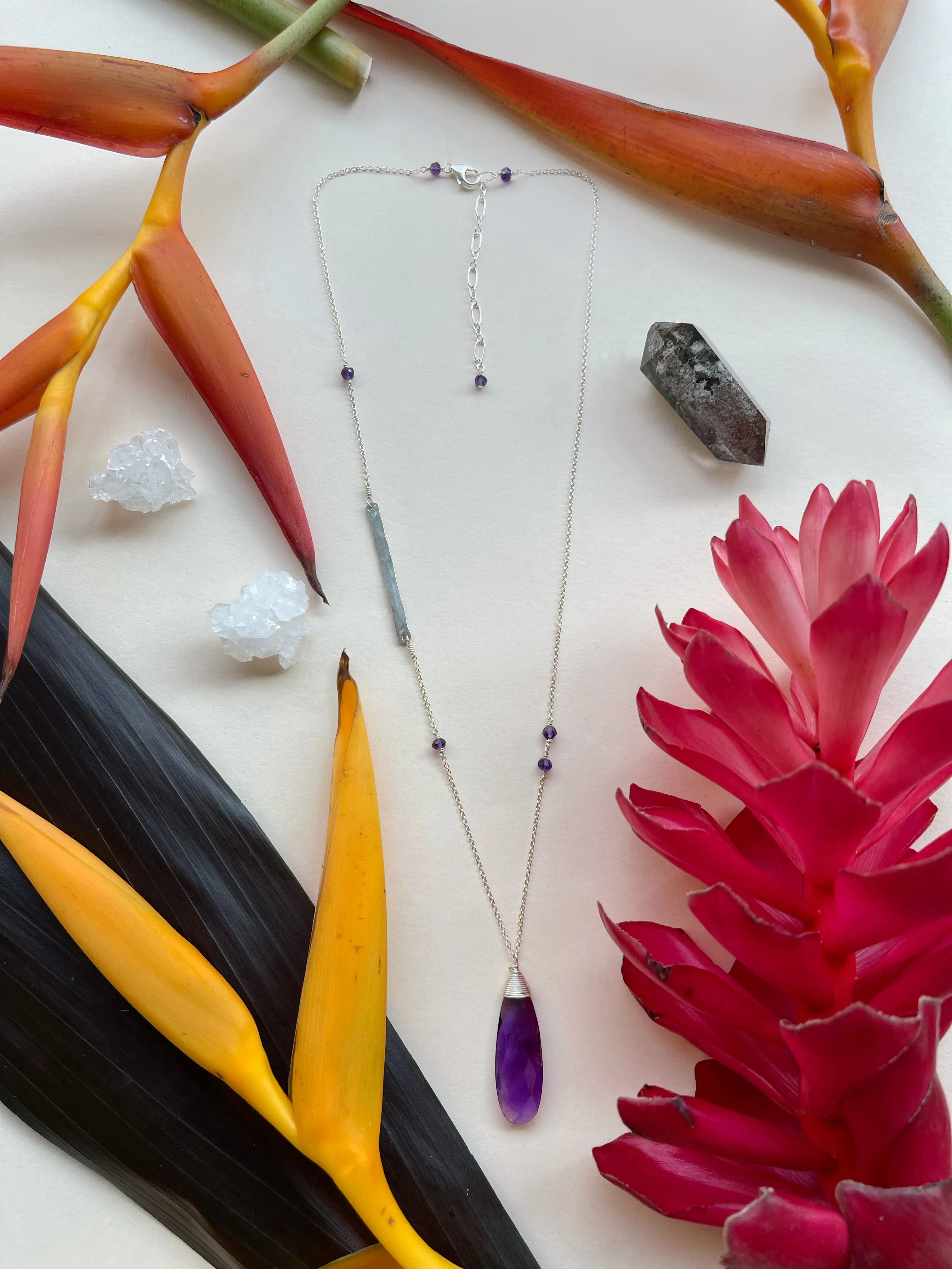 Amethyst Teardrop Bar Necklace