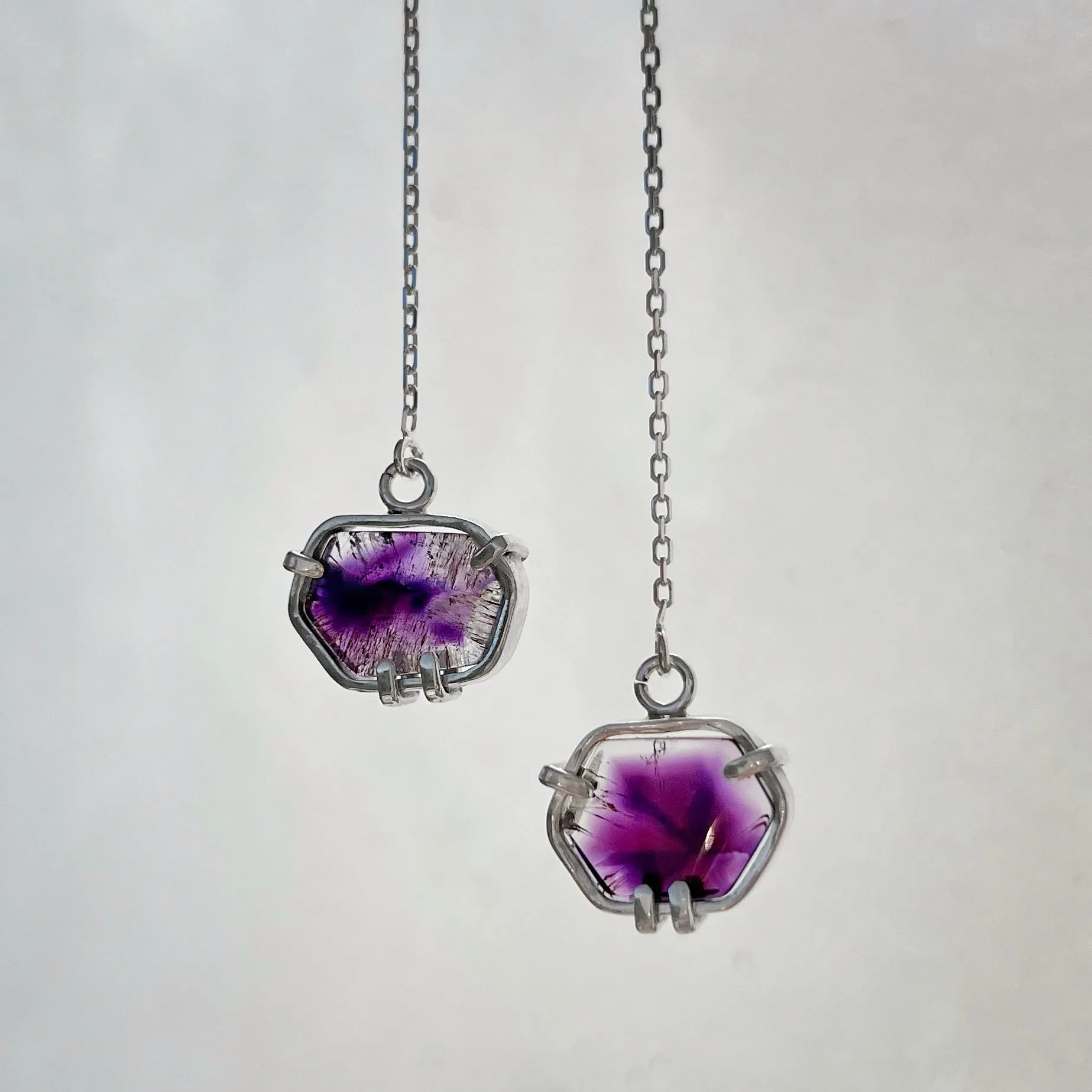 Amethyst/hematite/quartz threader earrings in silver