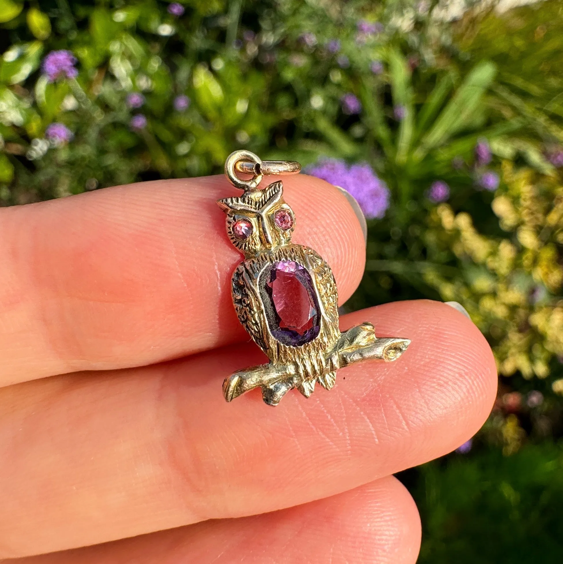 Antique 9ct Gold Purple Paste Owl Charm