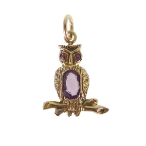 Antique 9ct Gold Purple Paste Owl Charm