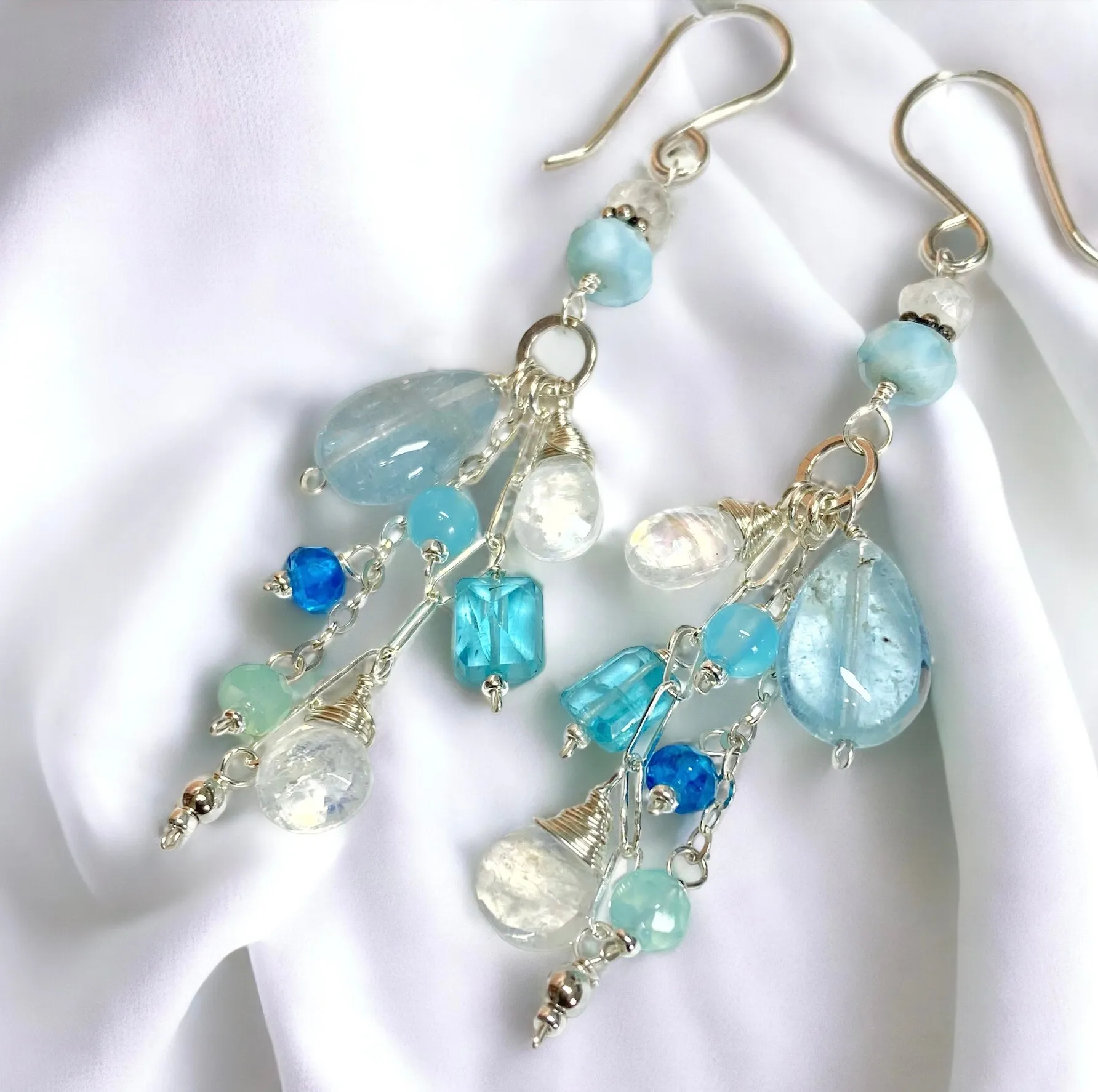 Aquamarine, Moonstone, Gemstone Long Sterling Silver Boho Dangle Earrings