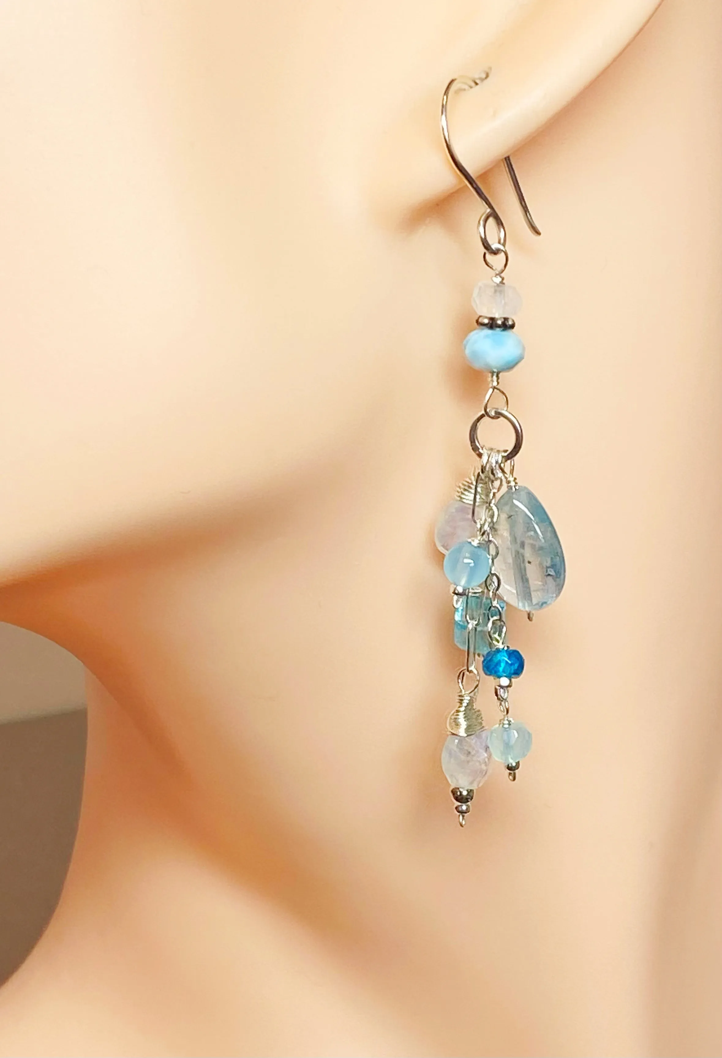 Aquamarine, Moonstone, Gemstone Long Sterling Silver Boho Dangle Earrings