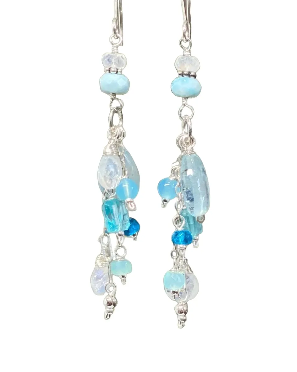 Aquamarine, Moonstone, Gemstone Long Sterling Silver Boho Dangle Earrings