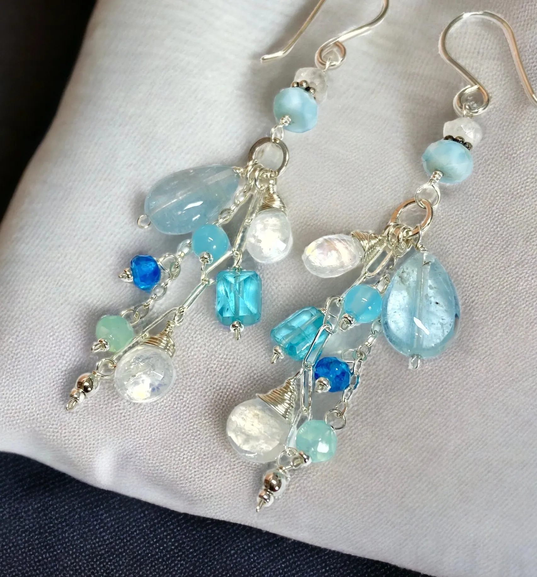 Aquamarine, Moonstone, Gemstone Long Sterling Silver Boho Dangle Earrings