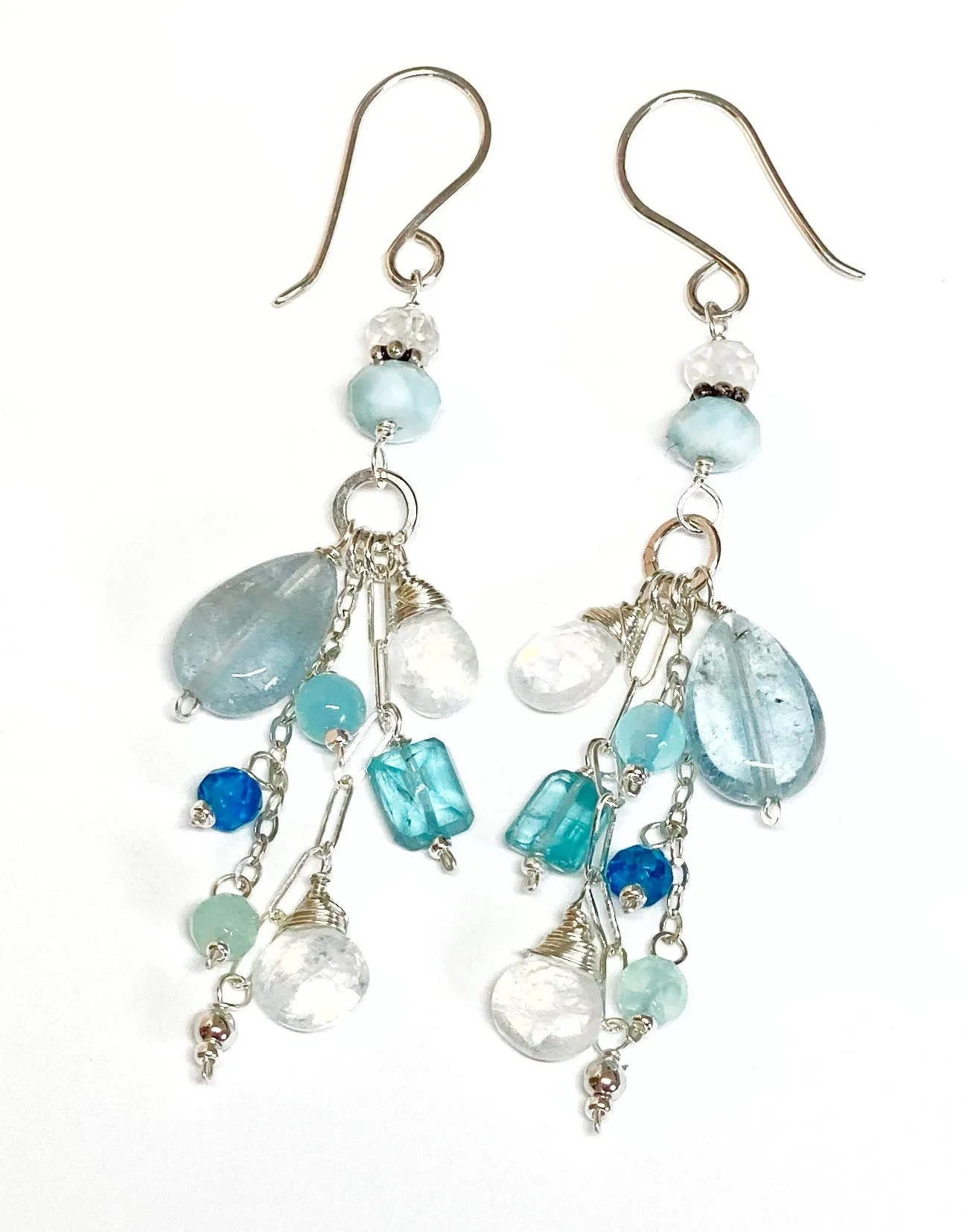 Aquamarine, Moonstone, Gemstone Long Sterling Silver Boho Dangle Earrings