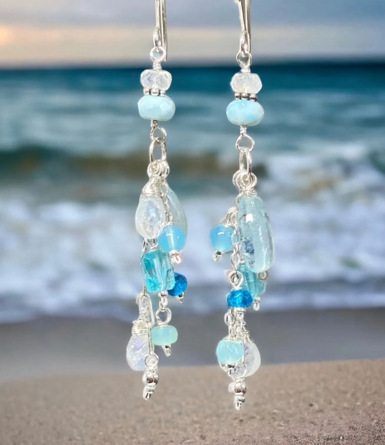 Aquamarine, Moonstone, Gemstone Long Sterling Silver Boho Dangle Earrings