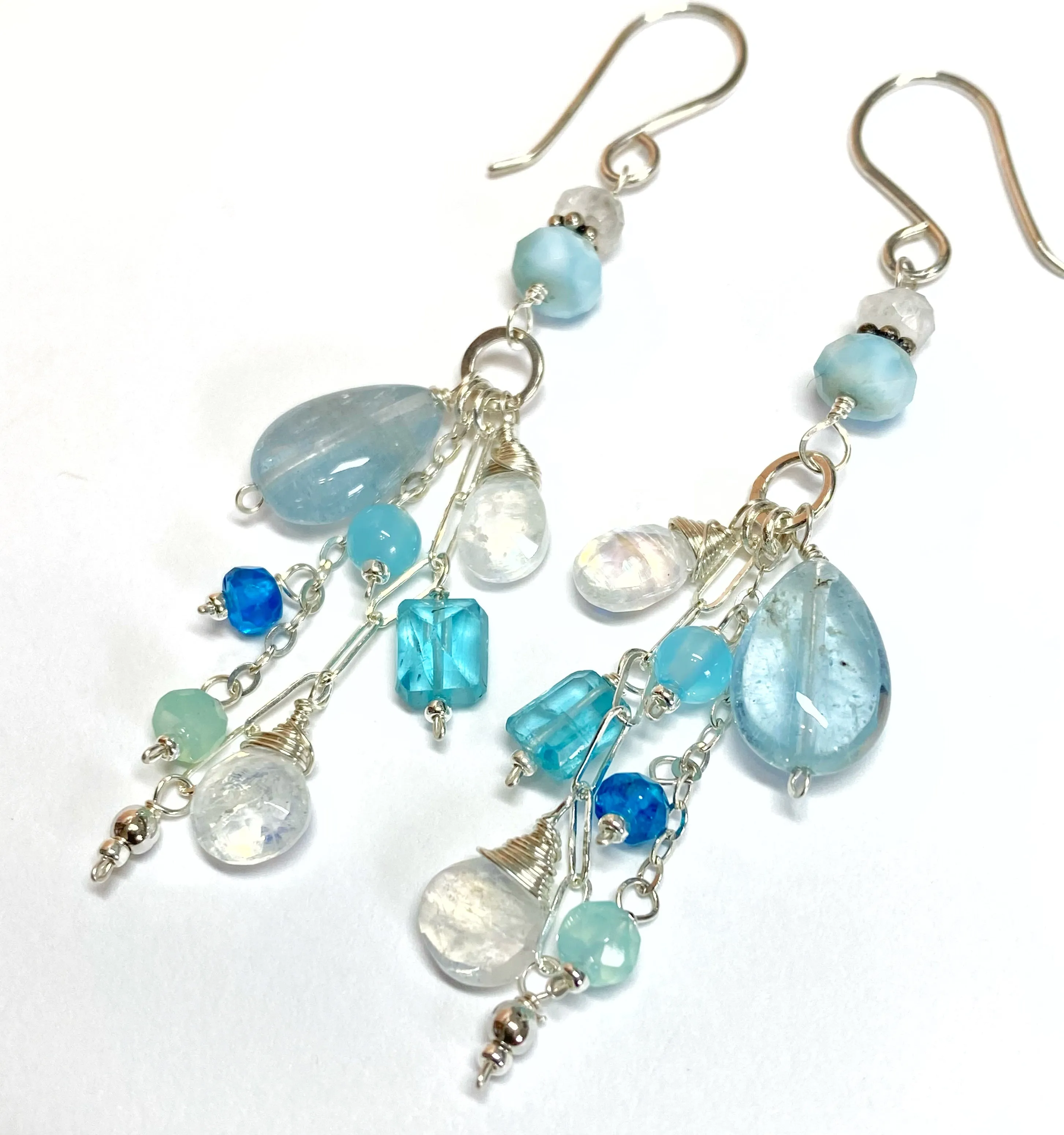 Aquamarine, Moonstone, Gemstone Long Sterling Silver Boho Dangle Earrings