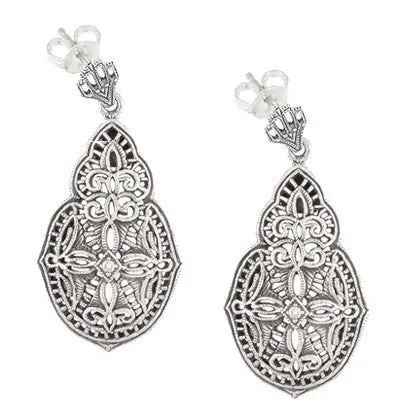 Art Deco Diamond Filigree Teardrop Earrings in Sterling Silver