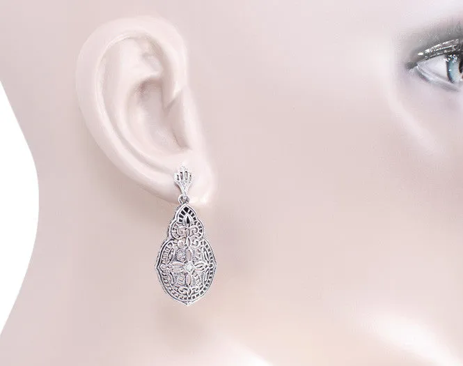 Art Deco Diamond Filigree Teardrop Earrings in Sterling Silver